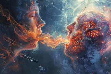 Two abstract figures connected by ethereal light and smoke, depicting a mystical exchange of energy or life force in a surreal, dreamlike setting.