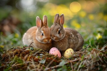 Fototapeta premium Two baby rabbits sitting on grass with decorated Easter eggs and moss. High-resolution photograph with soft lighting and natural background. Easter celebration and springtime concept. Generative AI