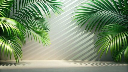 Tropical palm leaf shadow background wall perfect for product display or advertising, with minimalist poster banner design, tropical, palm leaf, shadow, background, wall, product display