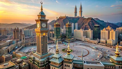 Iconic Clock Tower in Mecca with Abraj Al Bait complex and Masjid Al Haram in the background , Mecca, Saudi Arabia, Zam Zam Tower, Clock Tower, Abraj Al Bait, Masjid Al Haram, iconic