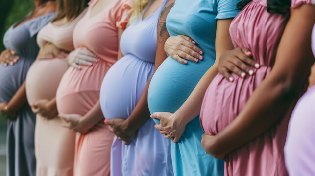 Group of Pregnant Women in Colorful Dresses Holding Their Bellies