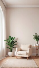 Fototapeta premium Minimalist living room with white vintage armchair carpet and elegant home decor including a dry plant in a vase against a copy space wall