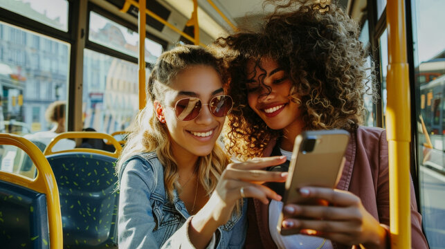 Two Smiling Women Using Smartphone on Public Bus During Daytime