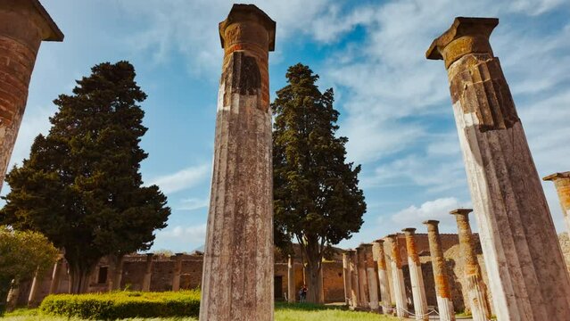 The rear peristyle at the House of the Faun (Casa del Fauno), Pompeii, Naples, Campania, Italy, an ancient Roman city buried by Mount Vesuvius in 79 AD