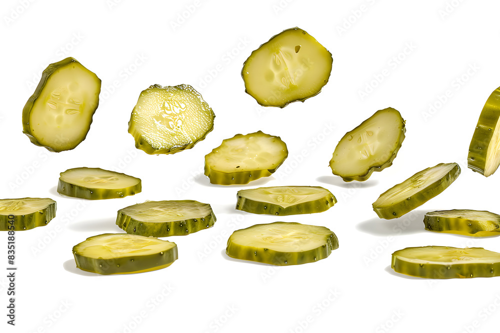 Wall mural falling pickled cucumber slices isolated on white background