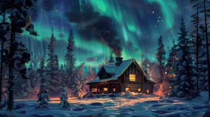 Northern Lights over a cozy cabin in the woods, with smoke rising from the chimney and snow-covered ground.