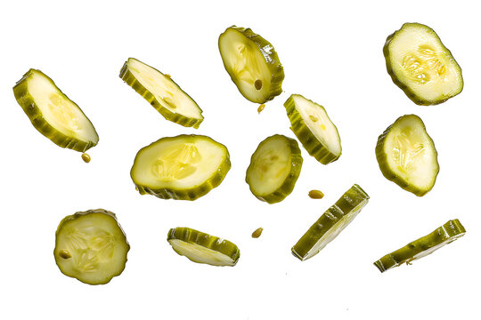 Falling pickled cucumber slices isolated on white background