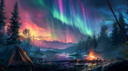 Fototapeta premium Northern Lights seen from a campsite, with tents and a campfire in the foreground and a vibrant sky above.