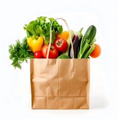 Brown Paper eco bag with groceries, isolated on white background