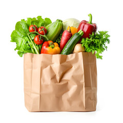 Brown Paper eco bag with groceries, isolated on white background