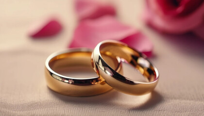 Two golden wedding rings with rose petals around. Close up. 