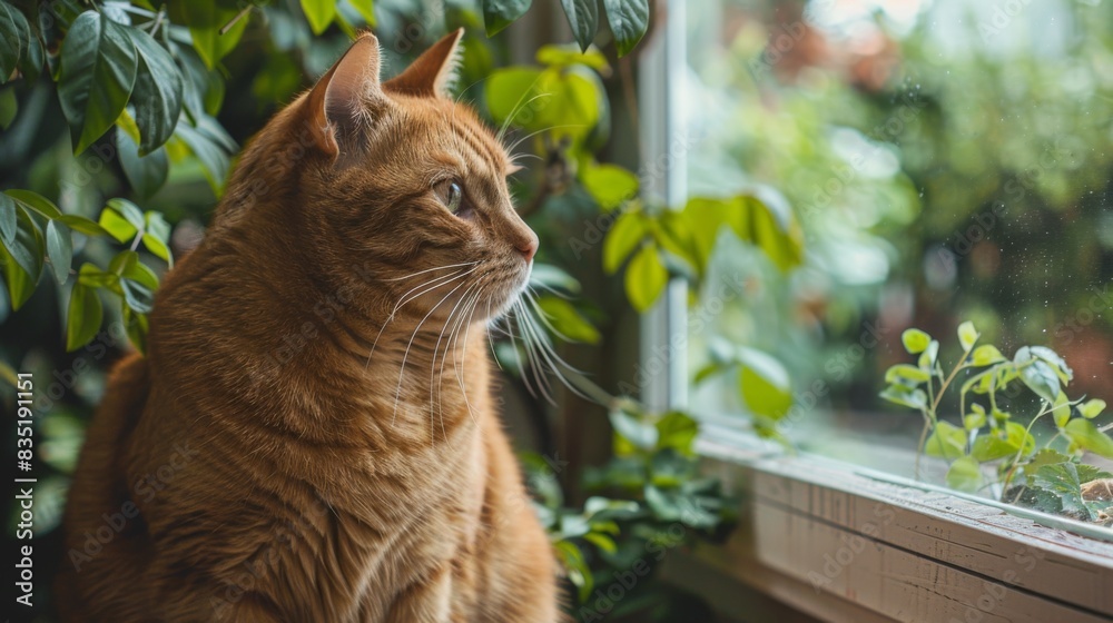 Poster overweight cat sitting by a window, gazing outside with a curious look, with greenery in the backgro