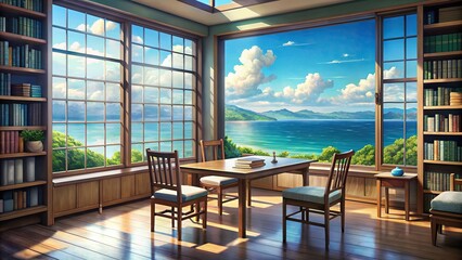 Reading room with table, chairs, and books with a beautiful sea view from the window. Cartoon or Japanese anime watercolor painting style, reading room, table, chairs, books, sea view