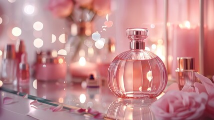 Rose gold perfume bottle illuminated by soft lighting, on a glass dressing table with beauty products, pink background