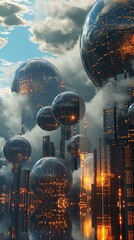 Obraz premium Vertical image of a futuristic city landscape with a transparent bubbles floating in the sky.