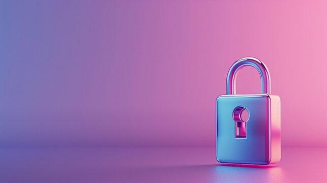 Modern padlock with purple and pink background representing security, protection, and privacy in a stylish, minimalist design. 3D Illustration.