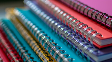 A stack of spiral bound notebooks with different colors