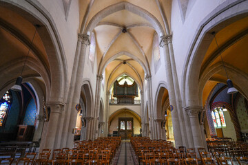 Nave and organ of the church of Sainte-Marie-Madeleine of Montargis in the French department of Loiret in Burgundy, France