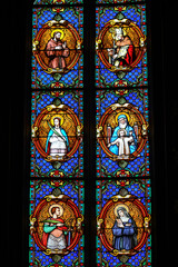 Stained glass window in the church of Sainte-Marie-Madeleine of Montargis in the French department of Loiret in Burgundy, France