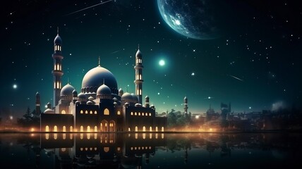 The beautiful serene mosque at night in the blessed month of ramadan the illuminated, Copy space, generative ai