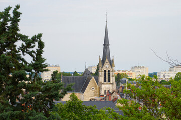 Aerial view of the bell tower of the church of Sainte-Marie-Madeleine of Montargis in the French...