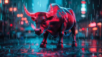 Metallic bull entwined with neon lights and floating digital stock numbers in a high-tech urban setting