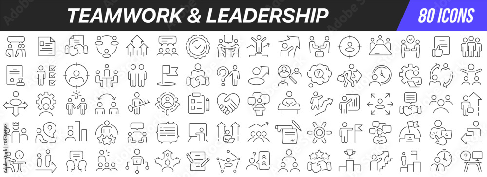 Poster teamwork and leadership line icons collection. big ui icon set in a flat design. thin outline icons 