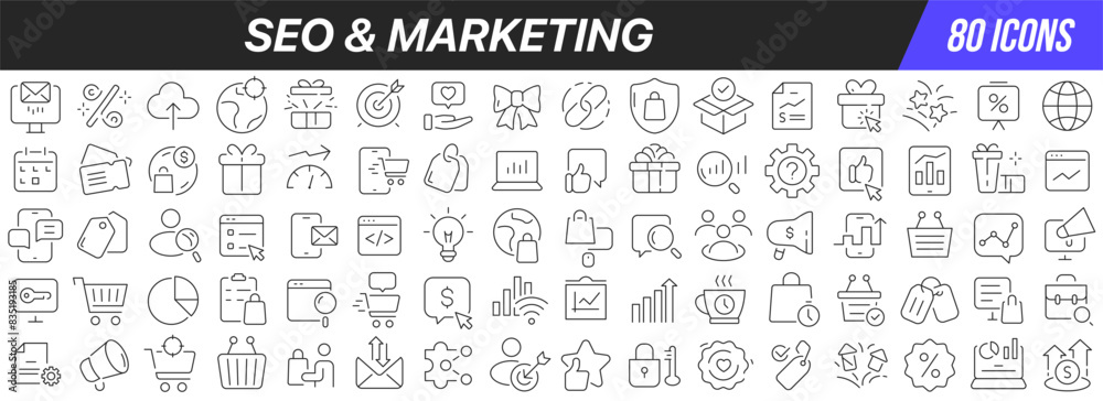Poster seo and marketing line icons collection. big ui icon set in a flat design. thin outline icons pack. 