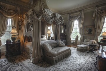 Step into the luxurious world of a classic European bedroom, showcasing ornate antique furniture and decor that exude timeless elegance and sophistication in every intricate detail