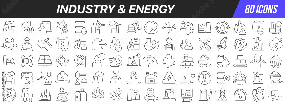 Poster industry and energy line icons collection. big ui icon set in a flat design. thin outline icons pack