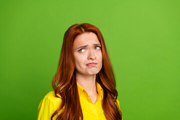 Photo portrait of attractive young woman look sad empty space dressed stylish yellow clothes...