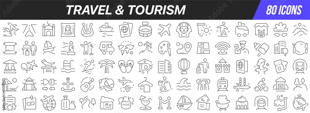Poster travel and tourism line icons collection. big ui icon set in a flat design. thin outline icons pack.