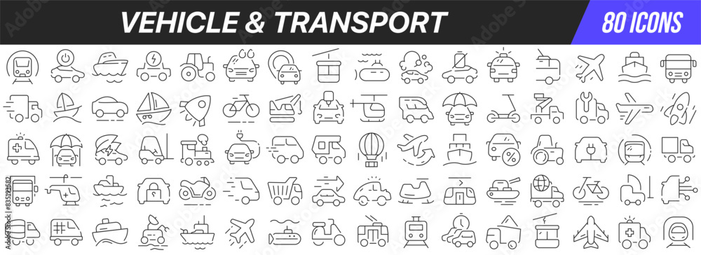 Poster vehicle and transport line icons collection. big ui icon set in a flat design. thin outline icons pa