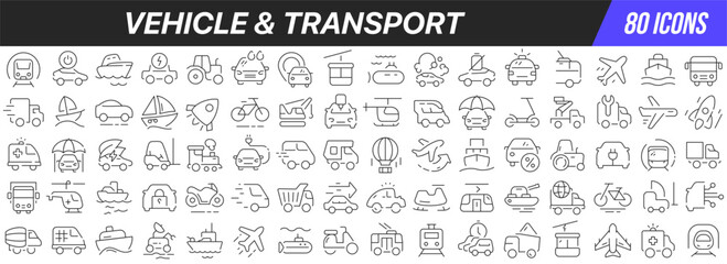 Vehicle and transport line icons collection. Big UI icon set in a flat design. Thin outline icons pack. Vector illustration EPS10