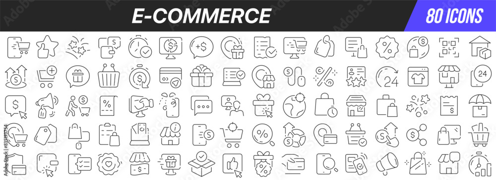 Poster E-commerce line icons collection. Big UI icon set in a flat design. Thin outline icons pack. Vector illustration EPS10