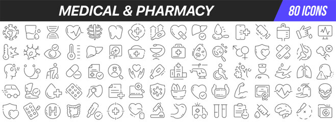 Medical and pharmacy line icons collection. Big UI icon set in a flat design. Thin outline icons pack. Vector illustration EPS10