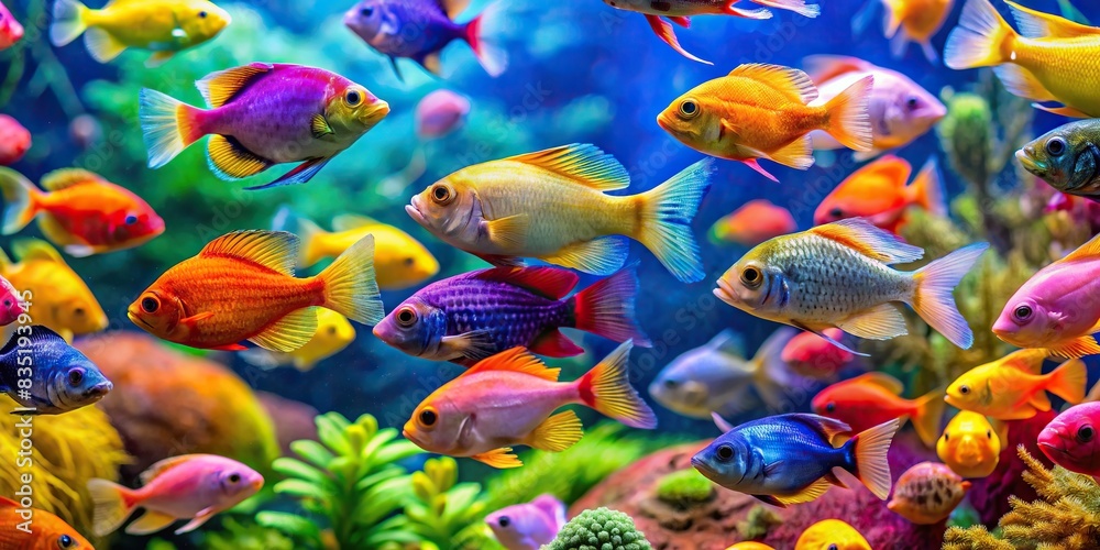 Wall mural vibrant tropical fish swimming in a colorful aquarium , underwater, exotic, marine life, vibrant, co - Wall murals