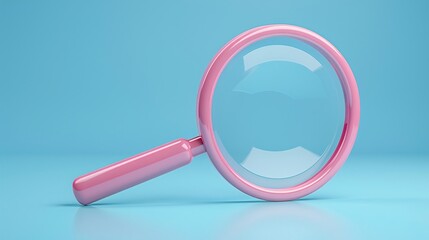 Pink magnifying glass against a blue background, symbolizing research and discovery. Ideal for business, education, and science concepts. 3D Illustration.