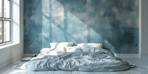 Simple Unmade Bed with White Linens in a Neat and Tidy Bedroom. Concept Simple Bedroom Decor, White Linens, Unmade Bed, Neat and Tidy, Home Interiors