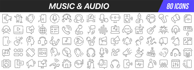 Music and audio line icons collection. Big UI icon set in a flat design. Thin outline icons pack. Vector illustration EPS10
