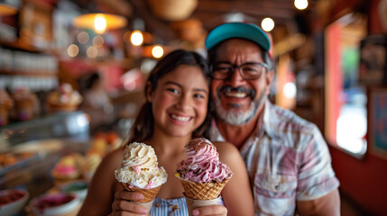 Happy father and daughter buying delicious artisanal ice cream in an ice cream shop. Blurred background.