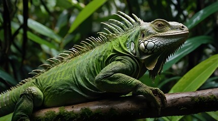 Obraz premium A green iguana basking on a lush leafy branch in the rainforest