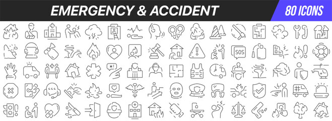 Emergency and accident line icons collection. Big UI icon set in a flat design. Thin outline icons pack. Vector illustration EPS10