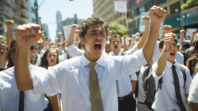 A passionate crowd of people protesting in the city streets, raising their fists and shouting slogans.