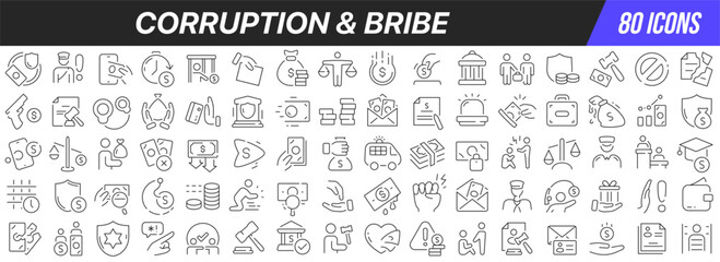 Corruption and bribe line icons collection. Big UI icon set in a flat design. Thin outline icons pack. Vector illustration EPS10
