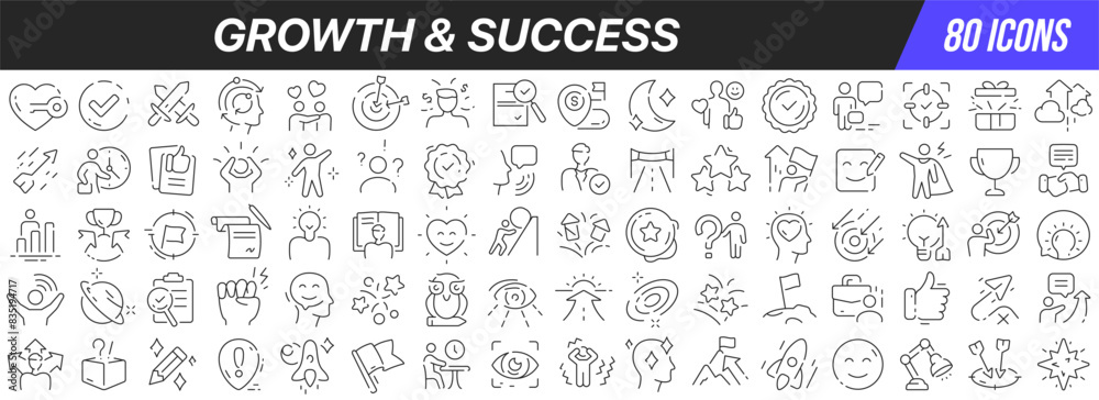 Poster growth and success line icons collection. big ui icon set in a flat design. thin outline icons pack.