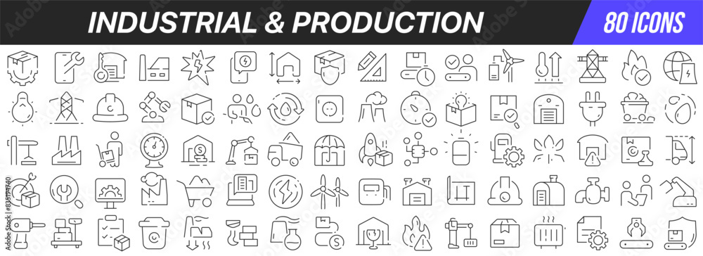 Poster industrial and production line icons collection. big ui icon set in a flat design. thin outline icon
