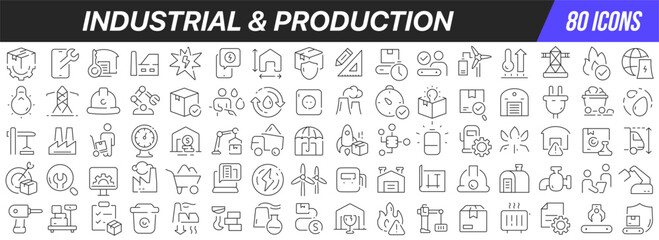 Industrial and production line icons collection. Big UI icon set in a flat design. Thin outline icons pack. Vector illustration EPS10