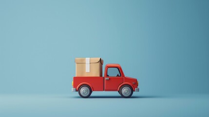 Red toy truck with a large cardboard box on the back, parked against a blue background, symbolizing delivery and shipping services. 3D Illustration.