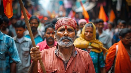 A colorful, vibrant, crowded street scene depicting a cultural rally with people holding flags.